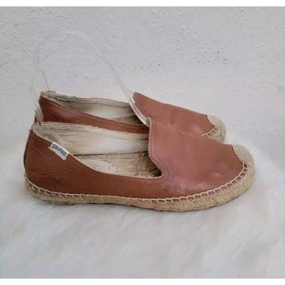 Soludos wmn 7/37.5 Platform Smoking Slipper shoe loafer camel leather espadrille